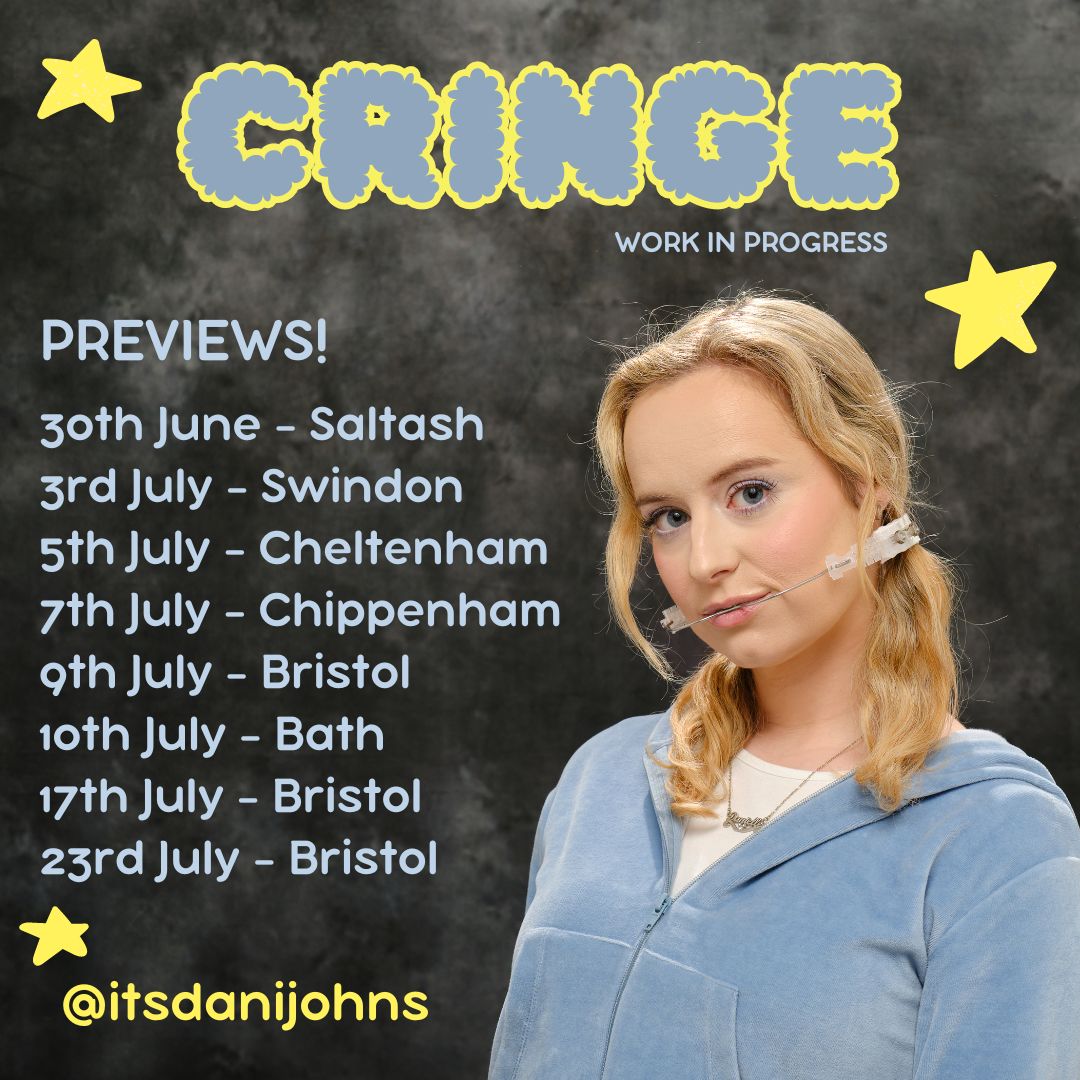 Very excited to preview my solo show CRINGE in June & July! Come see the chaos before I take it to Edinburgh! Tickets now on sale for 9th and 17th July in Bristol... 😬 linktr.ee/danijohnscomedy
