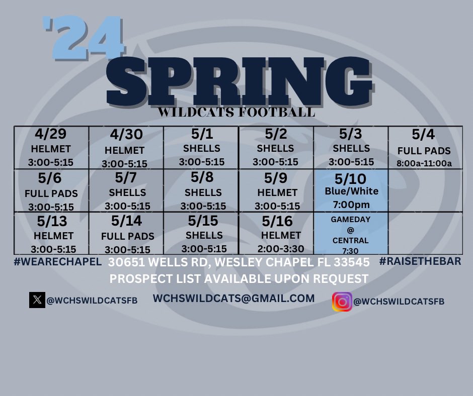 College coaches, we are 21 days away from hitting the field! Make sure Wesley Chapel High is on your list!!! #WeAreChapel #RaiseTheBar @WCHSWildcatsFB