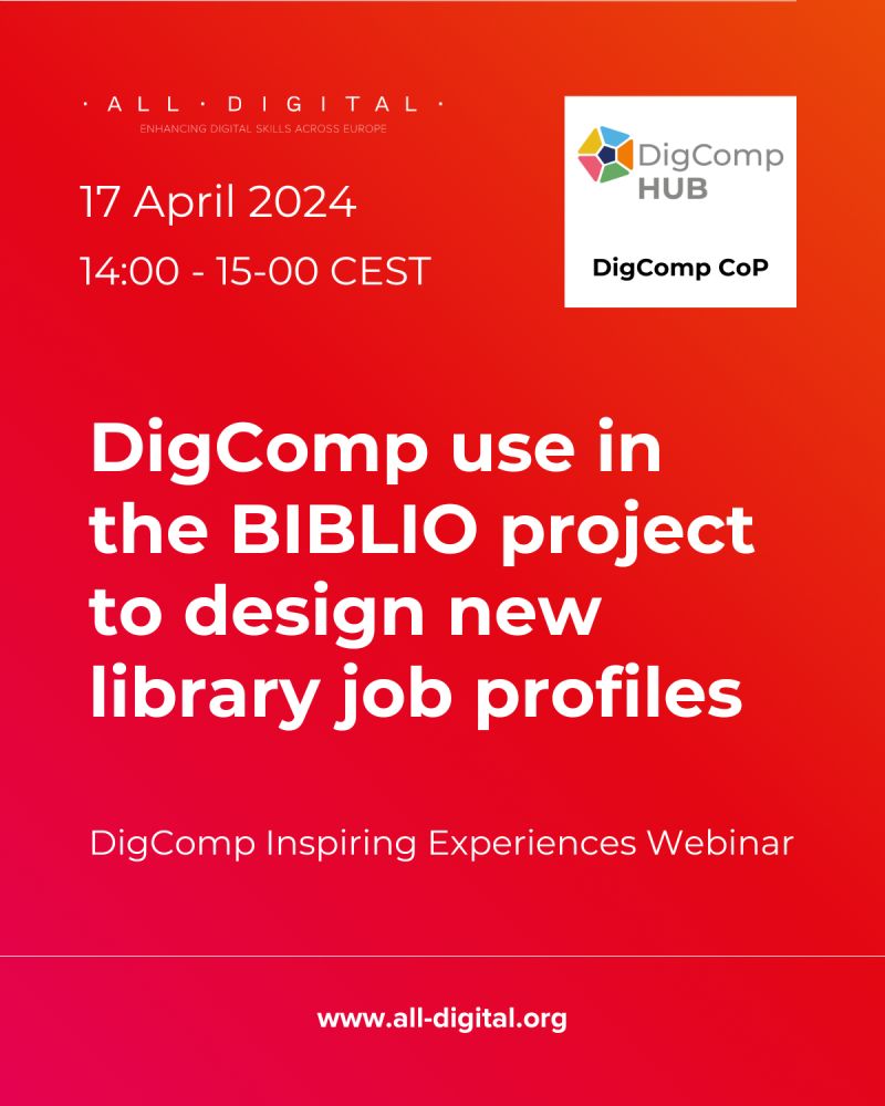 📚 Join the next Inspiring Experiences webinar organised by #DigCompHub! 

Discover how the BIBLIO project utilised DigComp to revolutionise library job profiles and skill development in the digital age. 🚀

📅 April 17th, 2024
⌚14.00-15.00 (CEST)
📝bit.ly/3xoKc3f