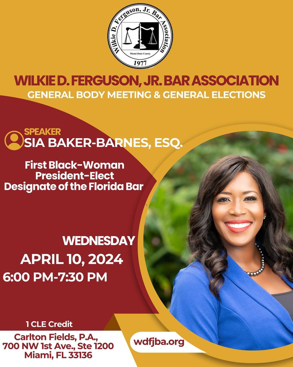 Looking forward to it! 📣 CLE APPROVED! Then join us on Wednesday, April 10, 2024, at 6:00 p.m. for our General Elections and General Body Meeting as we continue our leadership discussion with our featured guest speaker, Sia Baker-Barnes, Esq.