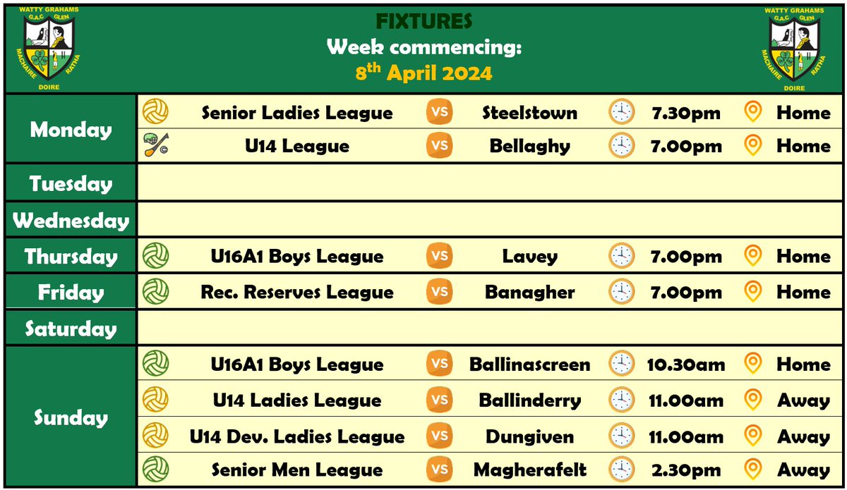 Watty fixtures for the week ahead. #UTW