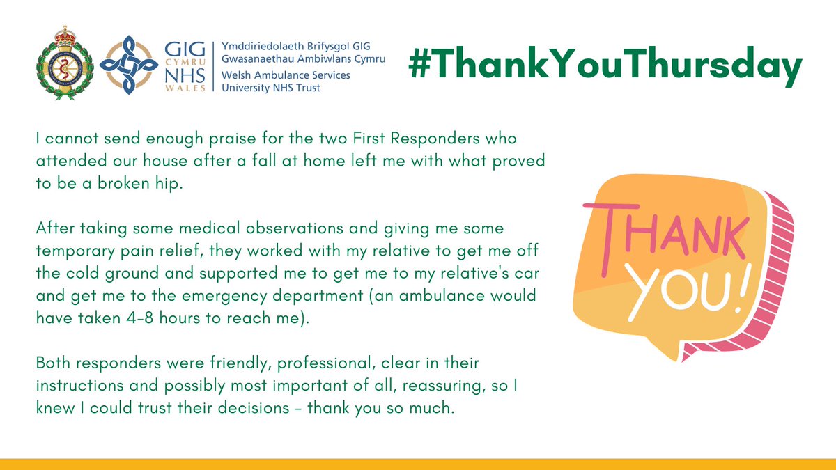 Thanks are shared this #ThankYouThursday to two #CommunityFirstResponders @WelshAmbulance. 

They are thanked for being friendly, professional, clear in their instruction and most importantly, for the reassurance they provided.

#TeamWAST #Volunteering #Community
