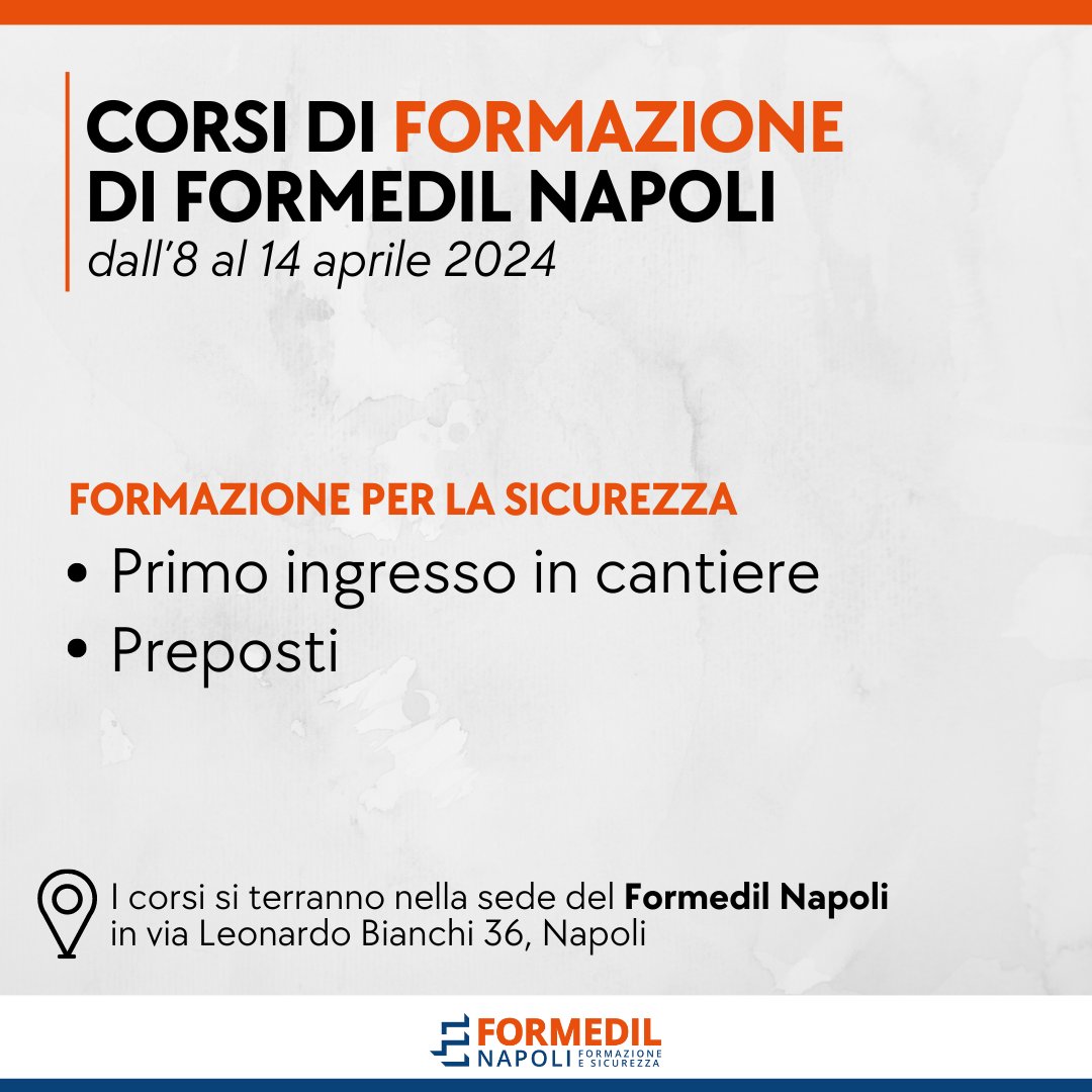 FormedilNapoli's tweet photo. 👷🏻♂️💡 La formazione è sicurezza.
Ecco i nostri corsi della settimana:
🦺 Primo ingresso in cantiere
📆lunedì 8 e martedì 9 aprile
⏰dalle ore 8.30 alle 12.30 e dalle 13.30 alle 17.30
Preposti
📆lunedì 8 e mercoledì 10 aprile
⏰dalle ore 13.00 alle 17.00
#Formati https://t.co/deZUlh2HcB