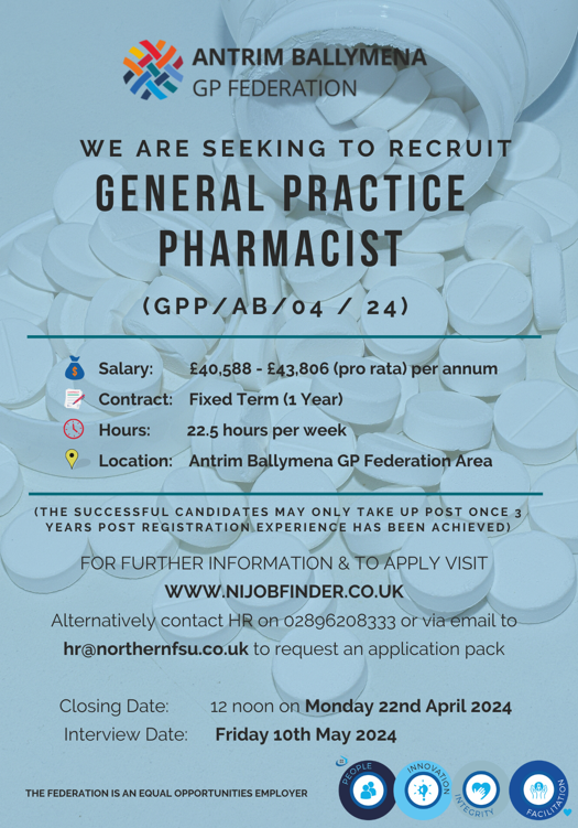 Antrim Ballymena GP Federation is seeking to recruit a General Practice Pharmacist to join their team💊 Closing date - Monday 22nd April, 12 noon For more information, click here. northernfsu.co.uk/careers