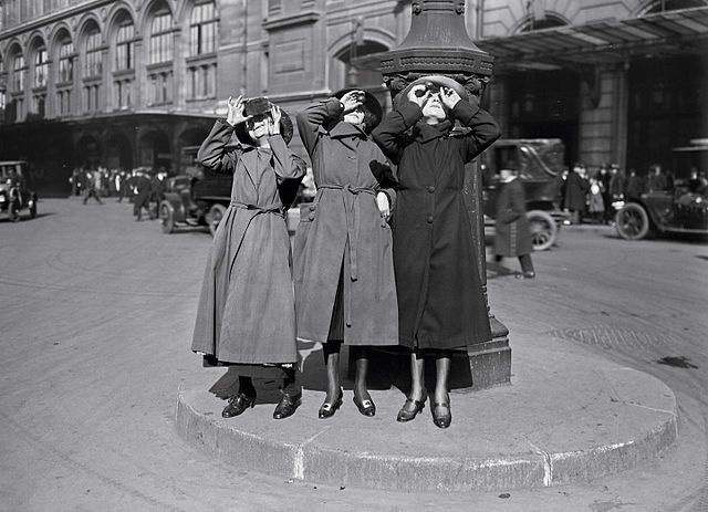 Worn #onthisday in 1921 by three women watching the solar eclipse through viewing devices near the Gare Saint-Lazare in Paris, France. Northern Europeans had the best view of the eclipse, which peaked at 9:43 am local time. #OTD @wikimedia