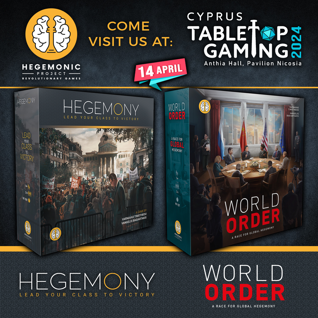 🎉 Exciting news! Join us at CTG 2024 on April 14th at Pavilion Nicosia! We'll showcase Hegemony and preview World Order.
If you're in the area, drop by for games and great company. Tag your friends and let's make it unforgettable!
#CTG2024 #HegemonicProject #Hegemony #WorldOrder
