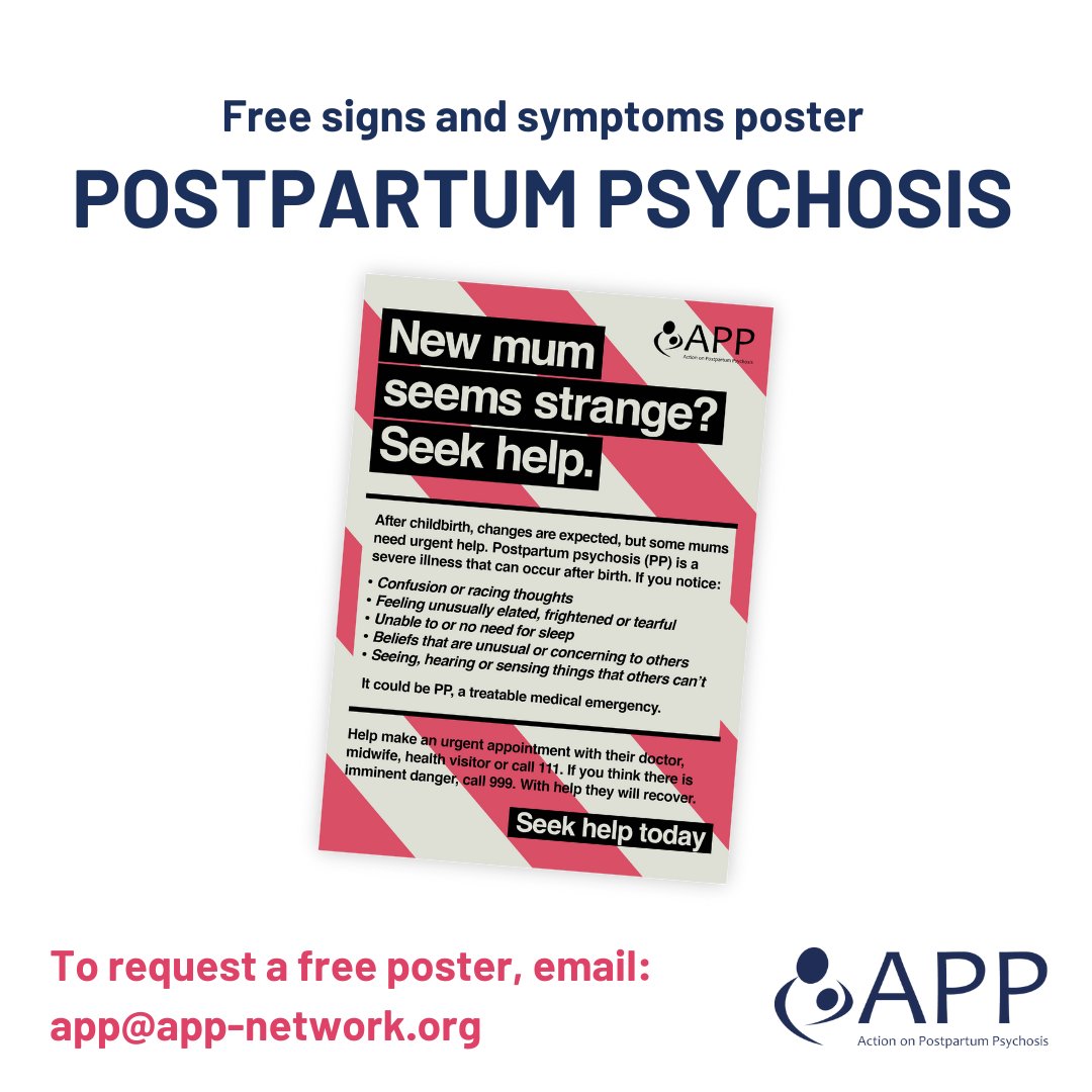 Could you display a poster about the signs and symptoms of postpartum psychosis where you work or in your community?

Perhaps you work at a clinic parents-to-be visit? Or, could take a poster to one near you?

Contact us for free printed A4 posters.
Email: app@app-network.org