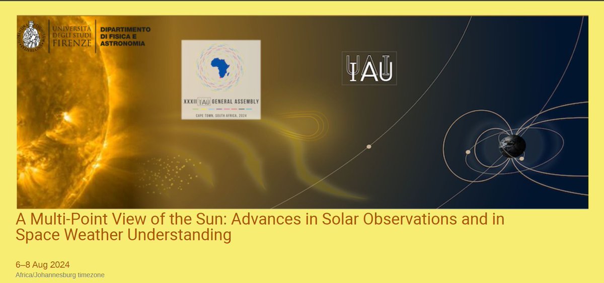 The IAU Symposium 390, 'A multi-point view of the Sun: advances in solar observations and in space weather understanding, ' will be held during the XXXII IAU General Assembly in Cape Town, South Africa, from August 6 to 8, 2024. indico.ict.inaf.it/event/2720/ove… #IAUS390 #IAUGA2024