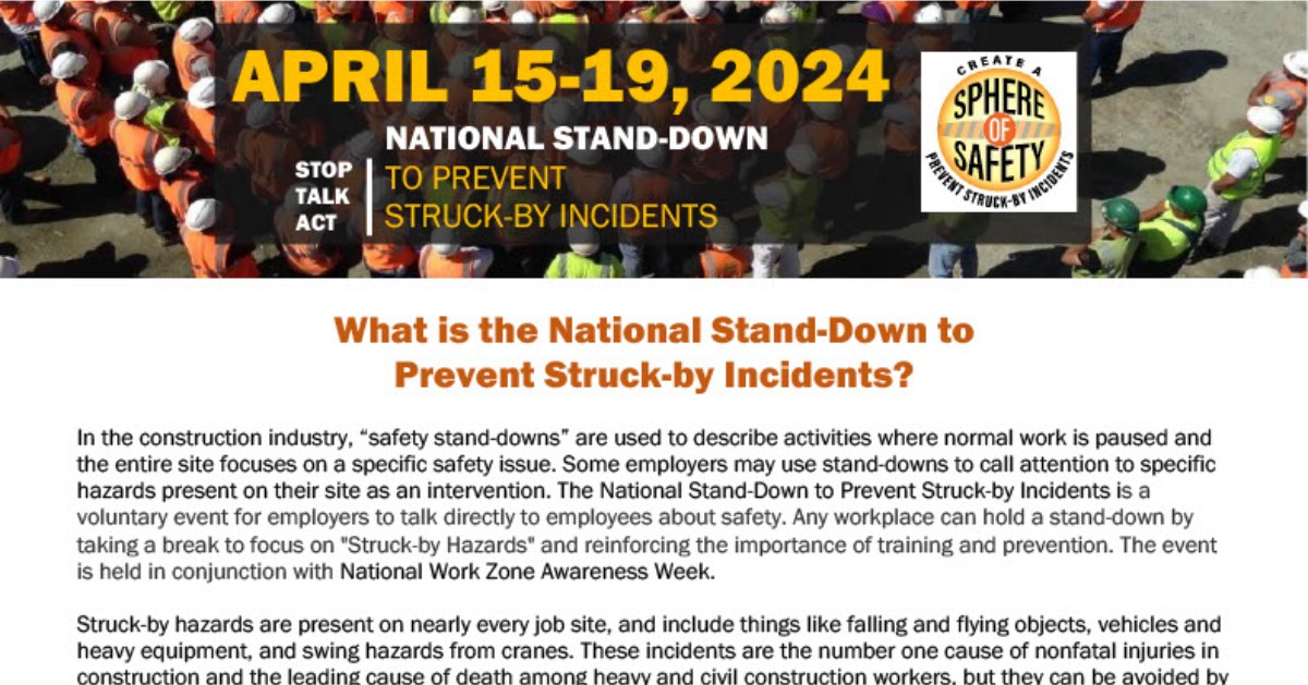 National Work Zone Awareness Week 2024 will take place April 15-19,  join free webinar and explore other materials to participate in the National Stand-Down to Prevent Struck-by Incidents.  cpwr.com/research/resea…