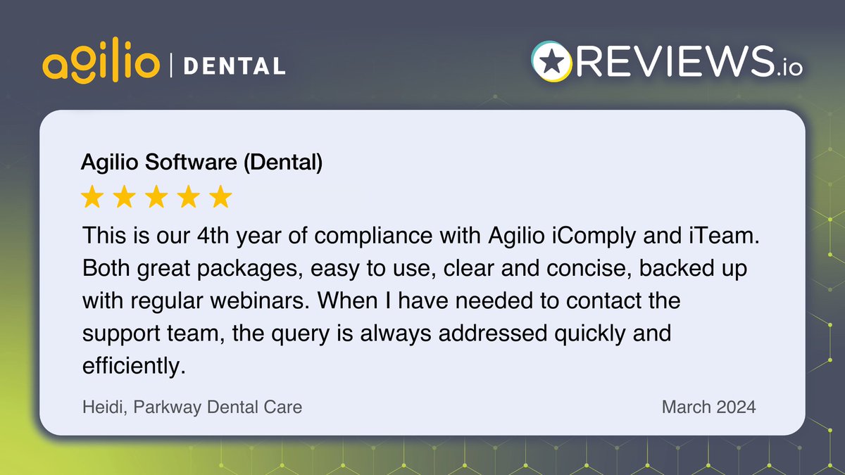 We love hearing from our customers & we love hearing how Agilio products are supporting practices and their teams.💛

🧘🏼‍♀️If you're not already experiencing stress-free compliance and HR, book a demo today: ow.ly/j9IT50R7FC1

#Agilio #AgilioDental #dentalcompliance #dentalHR