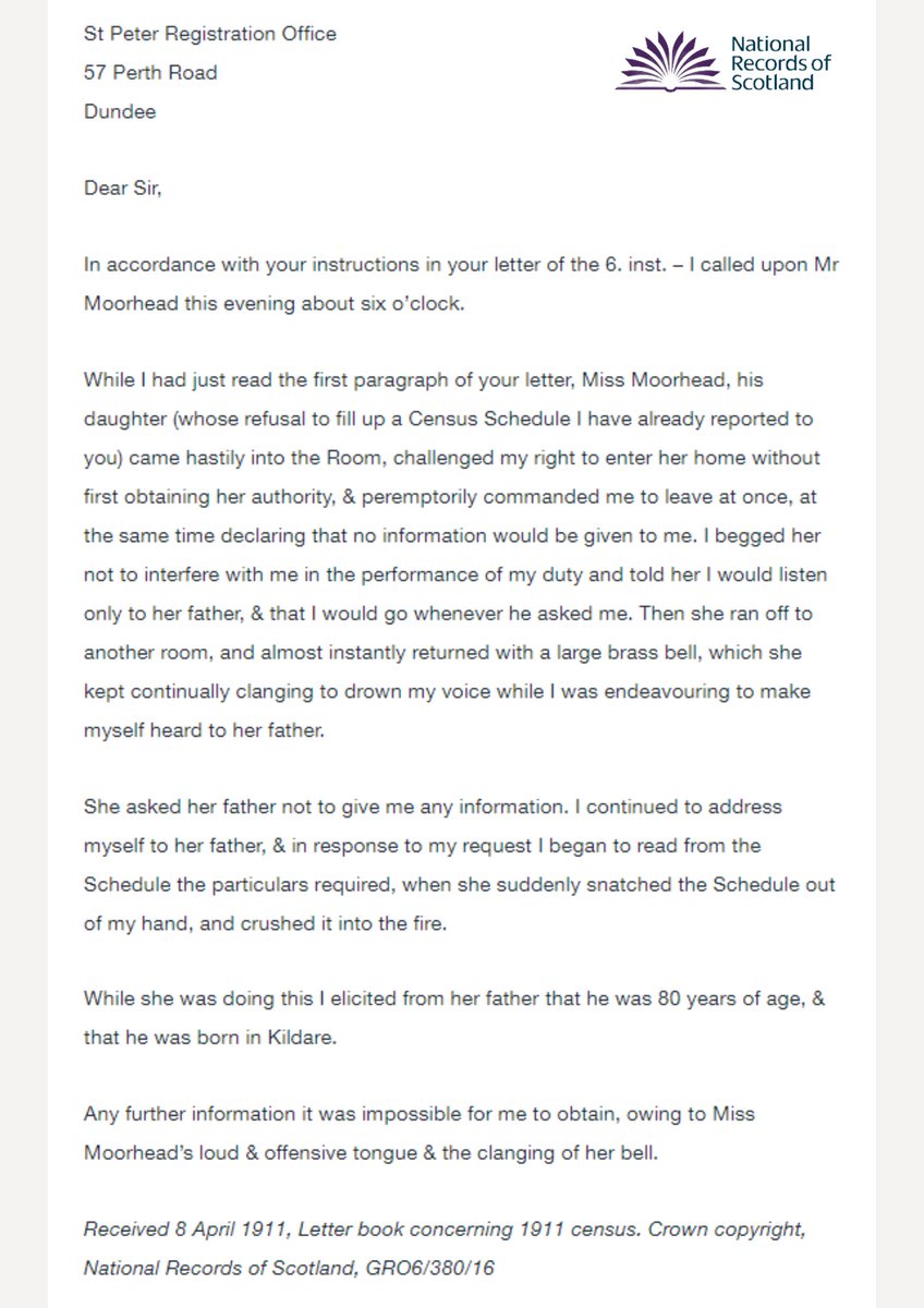 Transcript of a letter written by the unfortunate census registrar who called upon the home of suffragette Ethel Moorhead, 8 April 1911. Many suffragettes boycotted the 1911 census as a form of passive protest. Find out more about Ethel Moorhead 👉bit.ly/ethel-moorhead #WHM