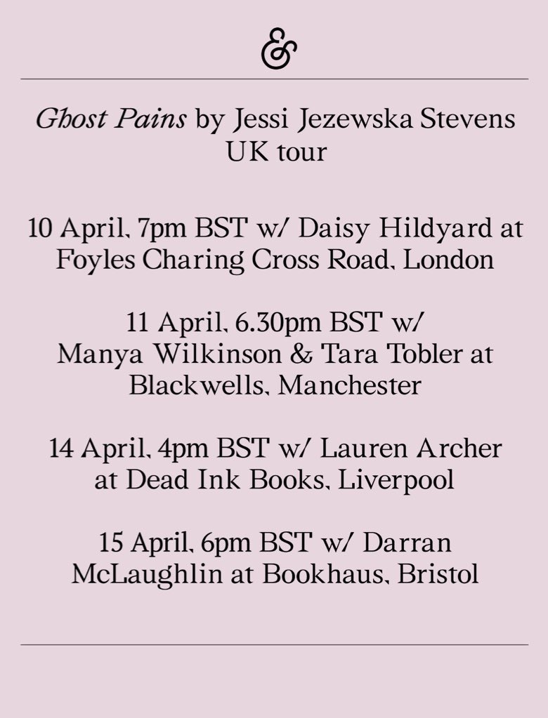 🗣️ Book Tour! We’re thrilled to welcome @JezewskaJ to the UK to celebrate the publication of GHOST PAINS. With events at @Foyles, @BlackwellsMcr, @deadinkbookshop and @bookhaus2, this is an unmissable opportunity to meet a master practitioner of the short story.