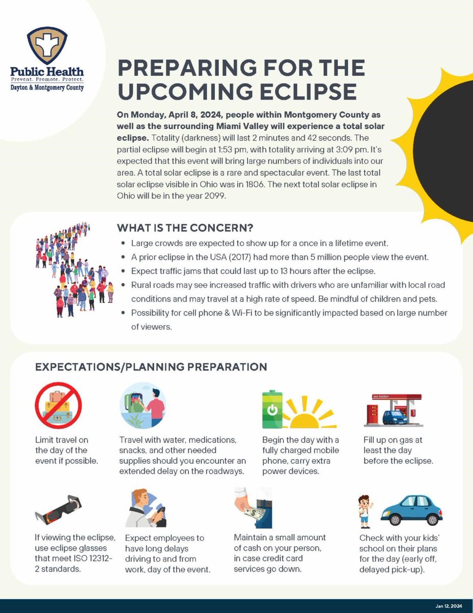 Today is the big day! The Total Solar Eclipse will begin in our area at approximately 3:09 p.m. Here are some reminders from @cityofdayton & @PublicHealthDMC Check out eclipse events happening downtown and more helpful information at downtowndayton.org/eclipse