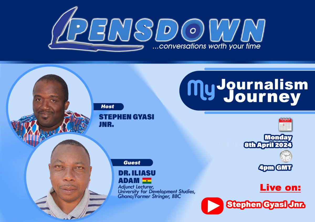 Today. 4pm GMT. Subscribe here 👇🏽👇🏽👇🏽 youtube.com/@pensdownoffic… Journalism was not the original career intention of Dr. Iliasu Adam but he spent more than a decade in the craft reporting for the Ghana News Agency and the BBC.