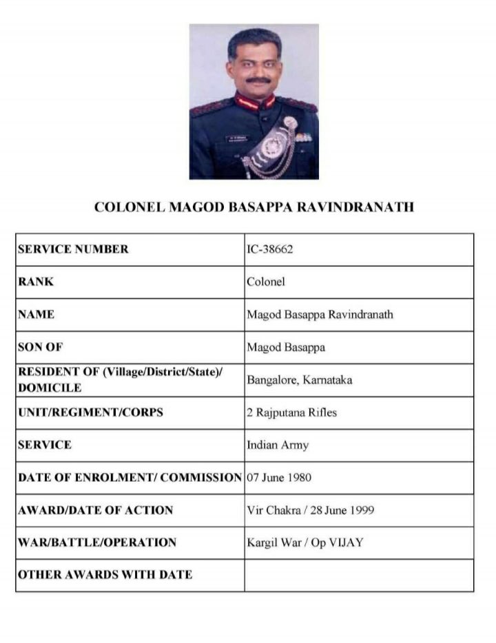 Remembered for “Sir, I am on Tololing top” Awarded Vir Chakra, for one of the toughest battles, that changed the course of Kargil War. CO of 2 Rajputana Rifles Colonel MB Ravindranath VrC. Tribute Colonel MB Ravindranath on his 6th death anniversary