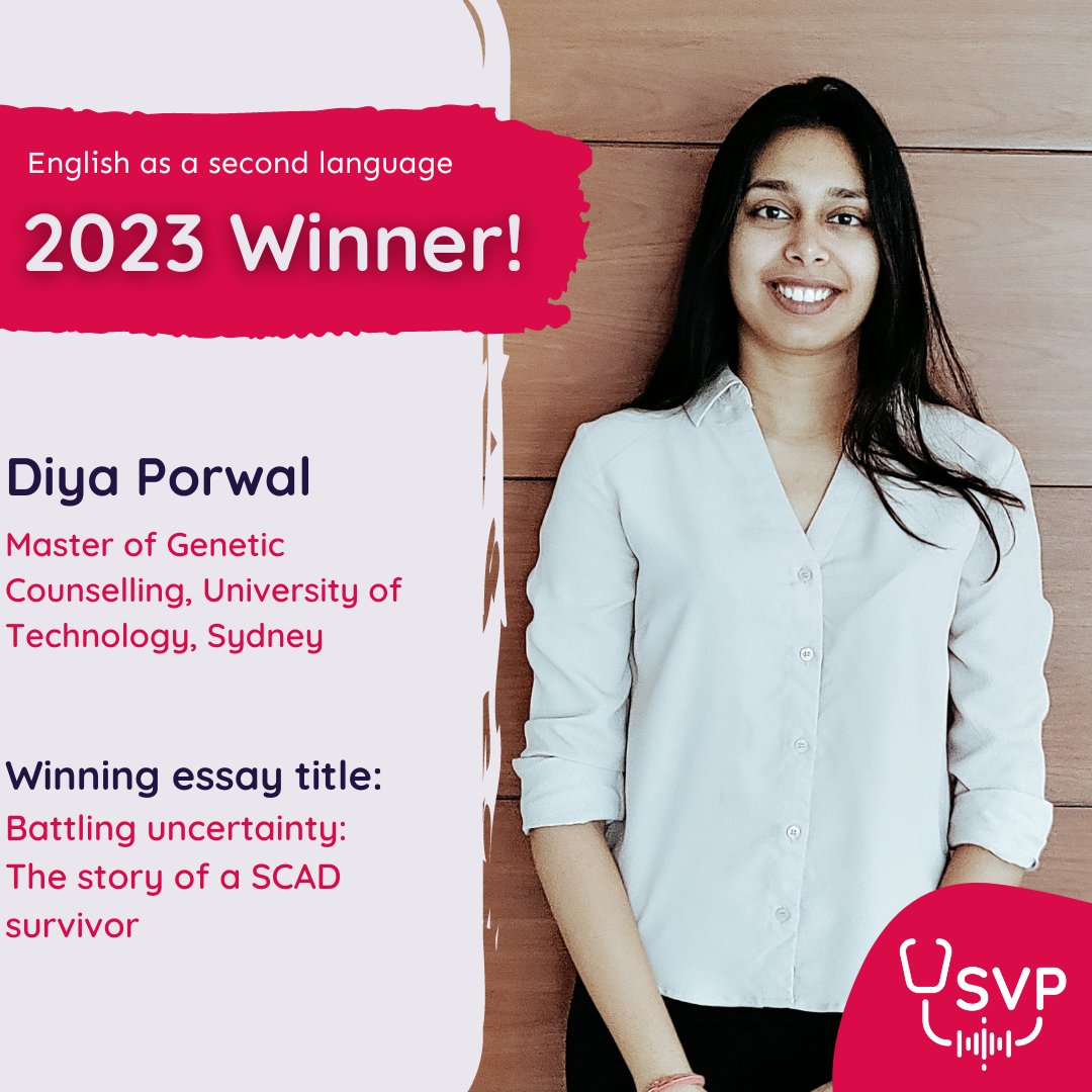We'd like to say a huge congratulations to our English as a second language winner, Diya Porwal! 🎉 📝 Winning essay title: Battling uncertainty: The story of a SCAD survivor Watch this space for Diya's essay coming soon on @rarebeacon 's blog! 🤩 #SVP23
