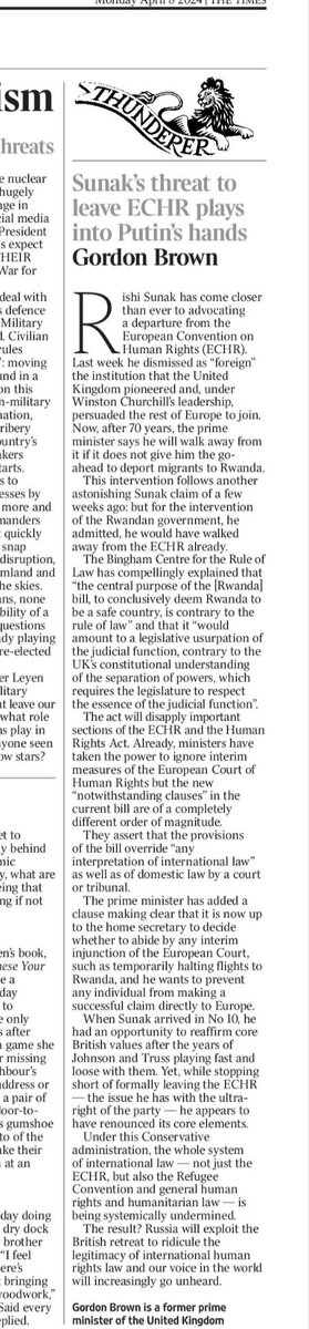 A must read from former PM @GordonBrown in Times today on Sunak’s desperately dangerous intentions for ECHR. “Rishi Sunak has come closer than ever to advocating a departure from the European Convention on Human Rights (ECHR). Last week he dismissed as “foreign” the institution
