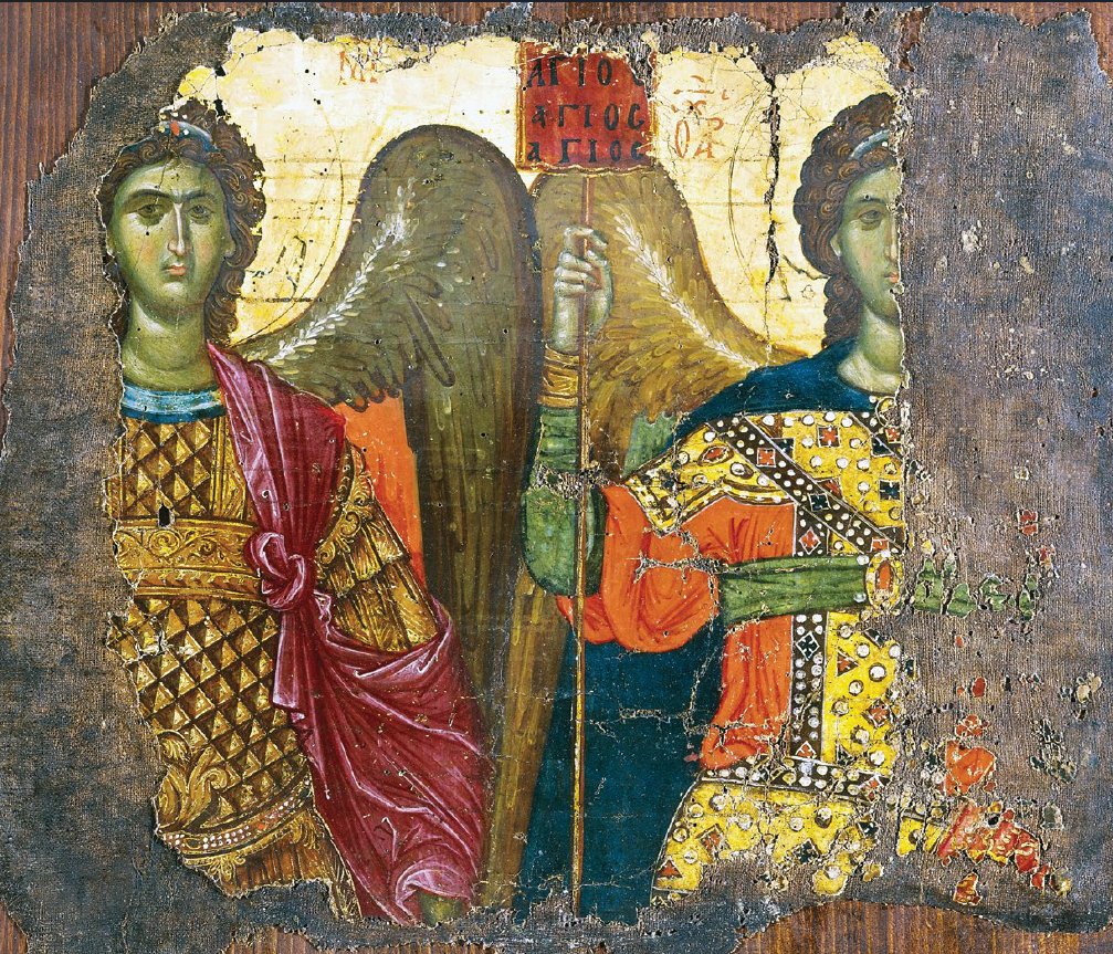 Majestic icon of Archangels Michael and Gabriel, from 14th century Constantinople. The sign of 'ΑΓΙΟC ΑΓΙΟC ΑΓΙΟC', with the meaning of Holy or Saint, was also used in actual war campaigns at least from the middle Byzantine era.