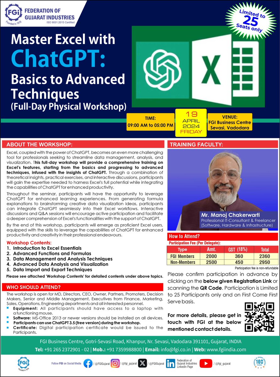 #UpcomingWorkshop 'Master #Excel with #ChatGPT: Basics to Advanced Techniques' - 19.04.24. Limited seats available! Register today on pages.razorpay.com/pl_Nuqi0gxEYA8… or call FGI on +91 7359988800 / info@fgi.co.in