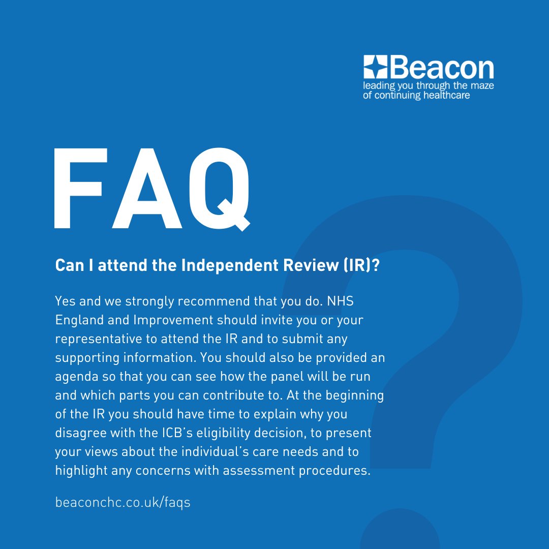 It is strongly recommended that you attend the Independent Review (IR) in person. Find more answers to our most commonly asked questions, here ow.ly/ZXKZ50Owp6S #CHC #ContinuingHealthcare #NHSContinuingHealthcare #CHCFAQ