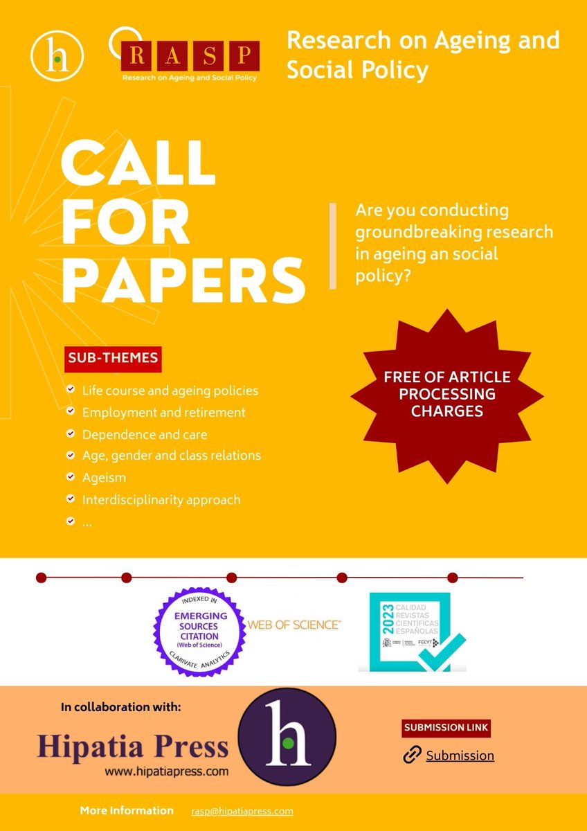 📢 Calling all scholars research on ageing and social policy.  
👉Are you conducting groundbreaking research in ageing an social policy? 
⌨️Submit your work to RASP <a href="/HipatiaPress/">Hipatia Press</a>, a prestigious journal indexed in Web of Science's ESCI hipatiapress.com/hpjournals/ind…  #OpenAccess