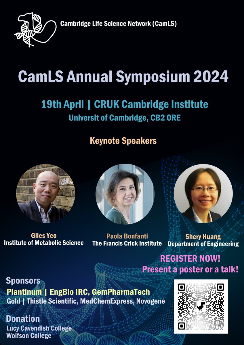 Exciting event coming up 'Cambridge Life Science Network Symposium' 19 April for life science researchers across disciplines. Keynote speakers joining to share their fantastic scientific stories @GilesYeo Paola Bonfanti & Yan Shery Huang @Biointerface_CU camls-committee.github.io/CamLS2024.gith…