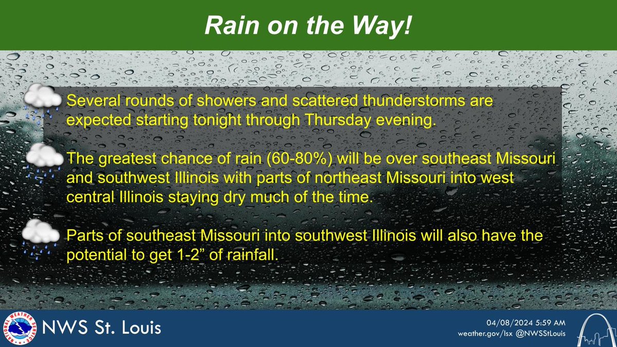 An unsettled weather pattern will bring several rounds of showers and scattered thunderstorms to the area this week.  The greatest chance for rain will be over southeast Missouri and southwest Illinois. #stlwx #midmowx #mowx #ilwx