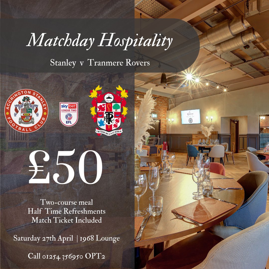 ❤️ Book your place in Matchday Hospitality for our last game of the season! 🍴 End the season in style with a two-course meal with your match ticket included for just £50 per person. ☎ Enquire today on 01254 356950 OPT2.
