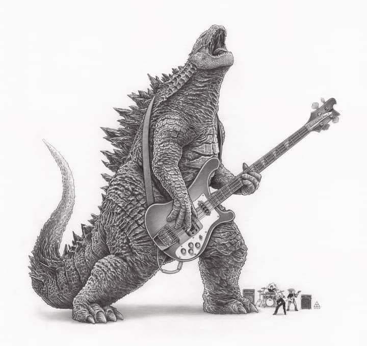 It’s #Eclipse Day!!! Enjoy it and this pic of #godzilla playing a #rickenbacker ☀️🌑😎