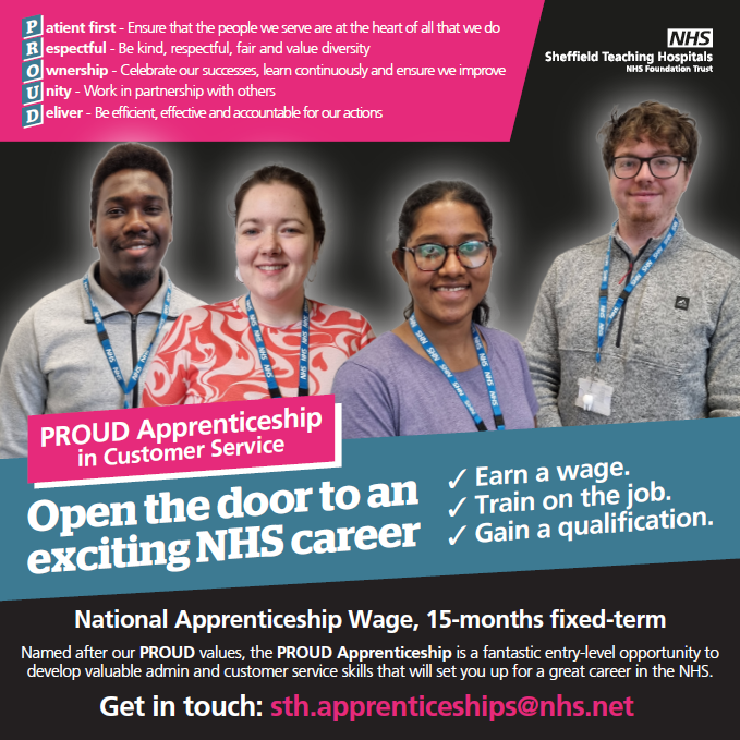 We are incredibly excited to announce our brand-new apprenticeship in collaboration with @sheffcol - The PROUD Apprenticeship. Based on our Trust's values and the Customer Service Practitioner Level 2 standard, this is an amazing opportunity to join the NHS. Coming very soon!