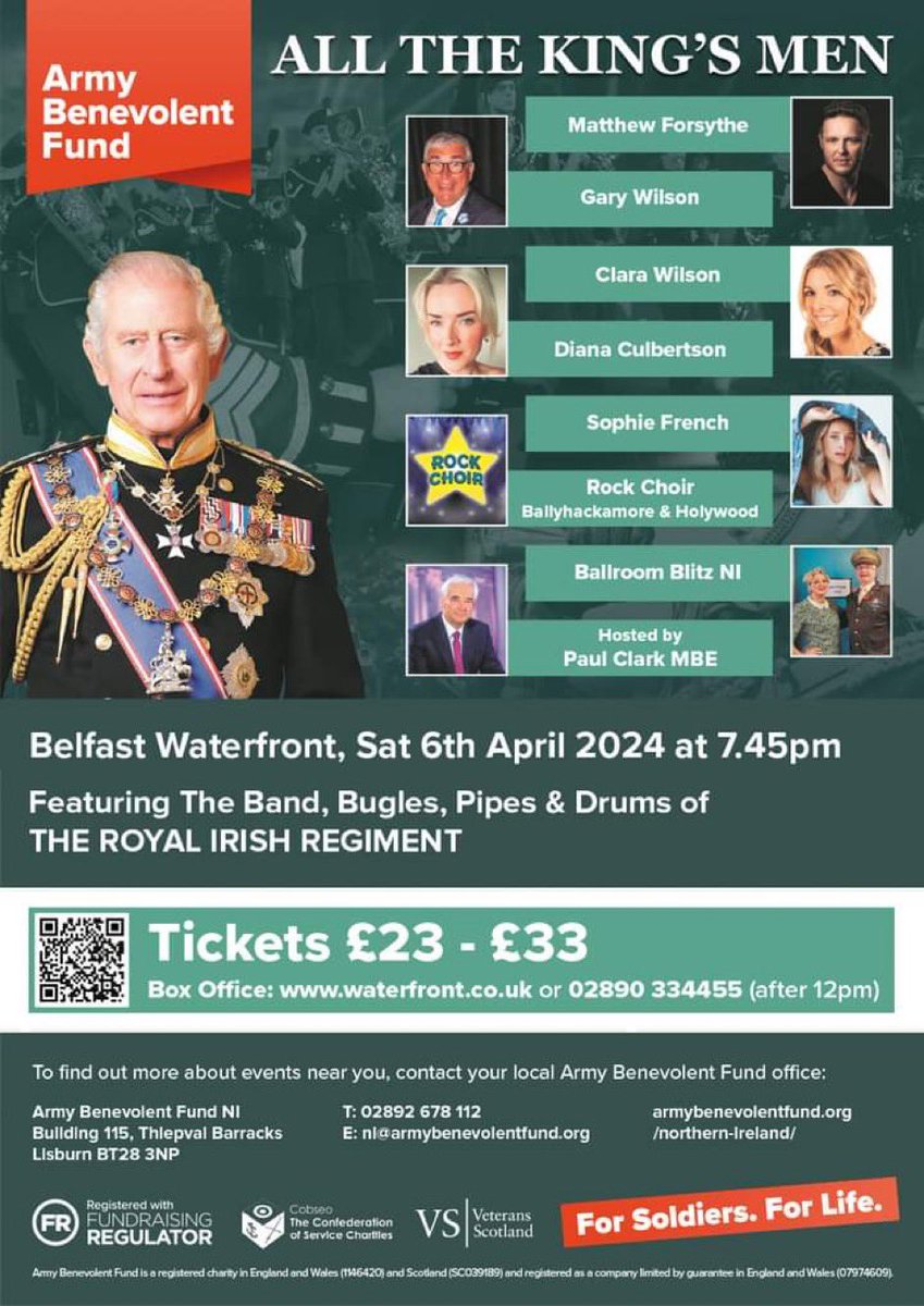 On Saturday night the Lord-Lieutenant of #CountyAntrim ☘️, Hon Col of @1_NI_ACF & Trustee of @nih_sqn, attended the wonderful @ABFNI Concert at Belfast Waterfront, which included the fabulous Band of the @RIrishRegiment 🥁 🎶. Evening superbly hosted by @PaulClark_UTV.