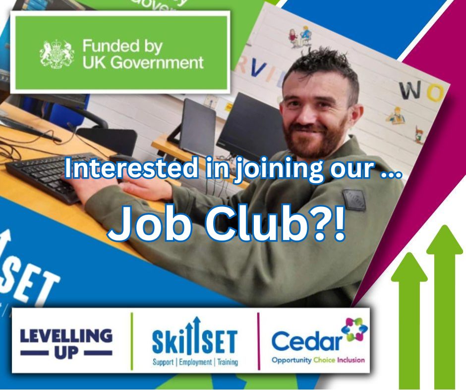 Are you currently seeking work? Do you have a brain injury, autism and/or physical disability? The Cedar Foundation Skillset service can support you, with our weekly Job club. Contact Andrea Lupari. a.lupari@cedar-foundation.org 07525896803 #SkillSET #LevellingUp