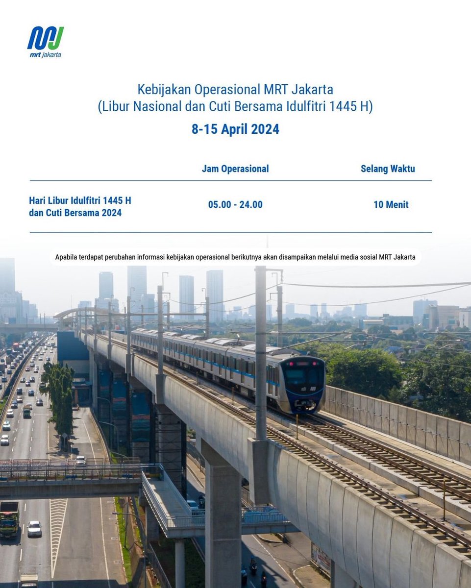 Kebijakan Operasional MRT Jakarta 8-15 April 2024 selama Libur Nasional dan Cuti Bersama Idulfitri 1445 H.

#MRTJakarta
#UbahJakarta