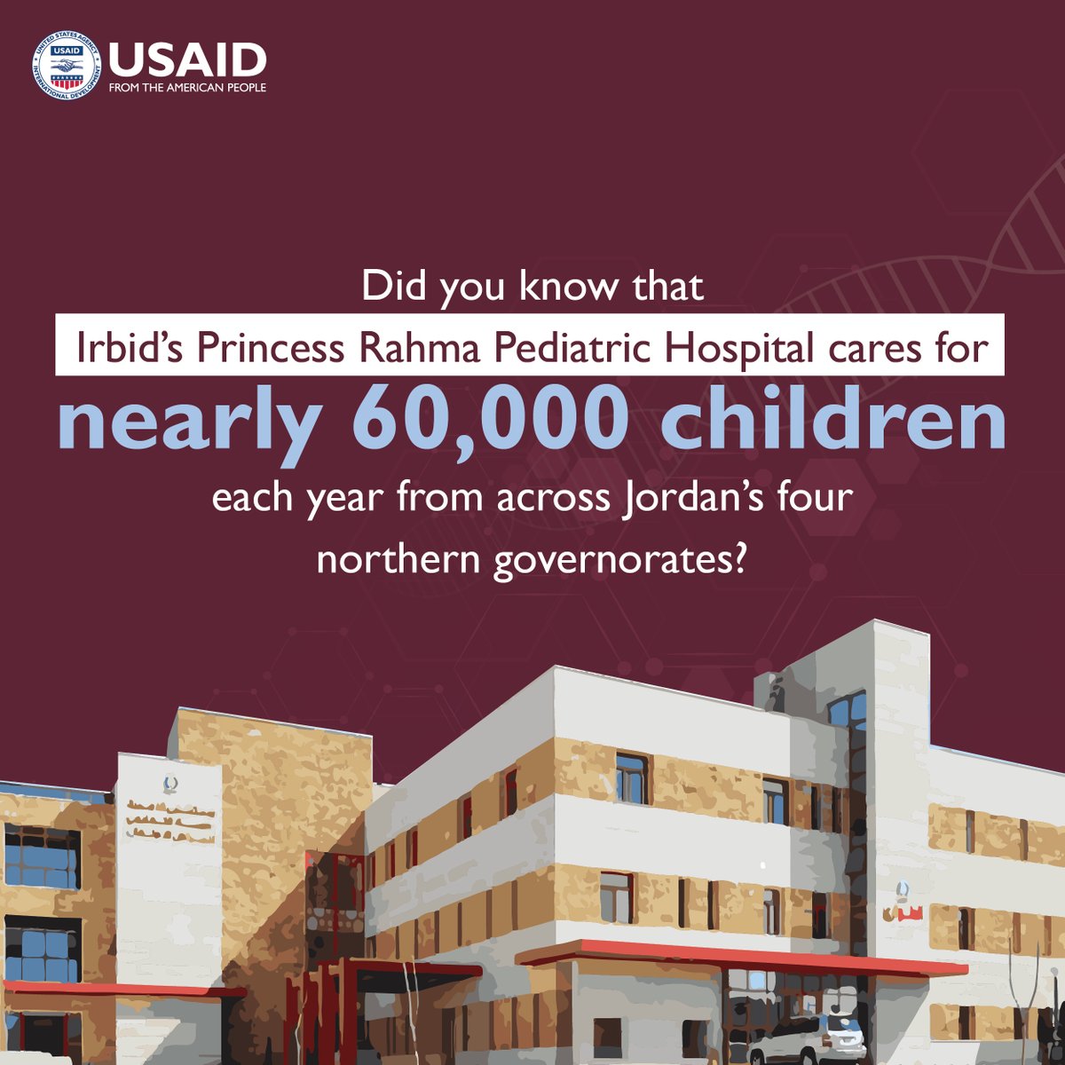 With support from USAID, @mohgovjordan, & Ministry of Public Works and Housing, Irbid’s #PrincessRahmaHospital has expanded, renovated, & upgraded its facilities, providing better health care to ~60,000 children yearly from Jordan's northern governorates of all nationalities.