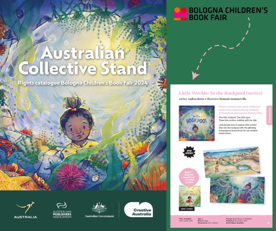 Ciao <a href="/BoChildrensBook/">Bologna Children's Book Fair</a>! If you’re strolling past the @australianpublishers stand, give In the Rockpool artwork a wave. Hannah Sommerville’s cover art is the face of #Australianpicturebooks.  
<a href="/HardieGrantCP/">Hardie Grant Children's Publishing</a> rights catalogue has a sneaky peek at our next book too! #bcbf24