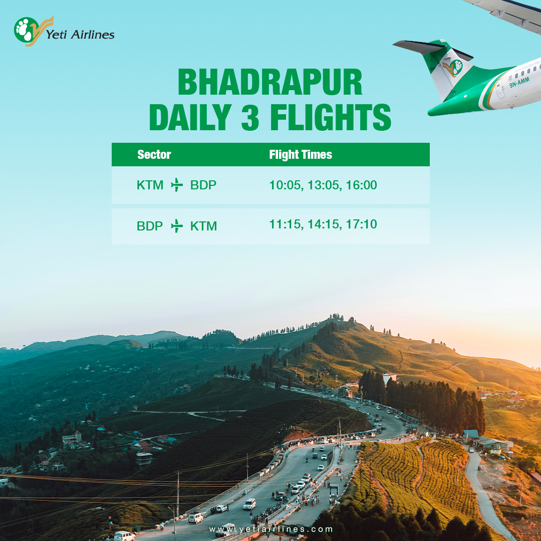 Get a taste of the breathtaking beauty of Bhadrapur with Yeti Airlines. ✈️ Let the majestic landscapes and serene surroundings captivate your soul with our daily flights. #YetiAirlines #Bhadrapur