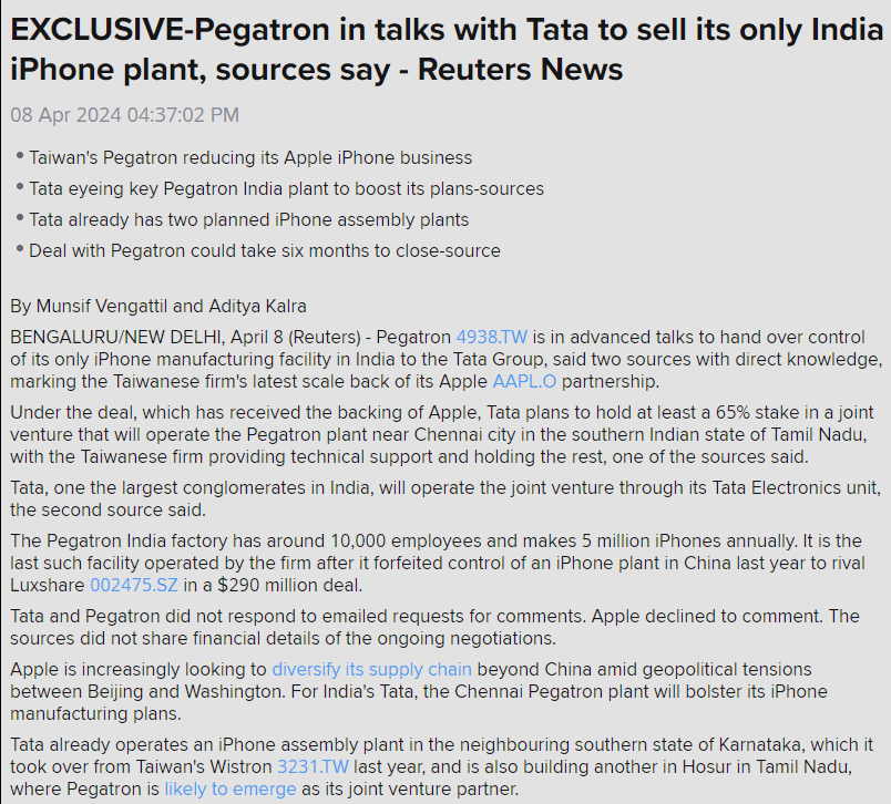 SCOOP: Pegatron in advanced talks to hand over control of its only iPhone manufacturing facility in India to the Tata Group. Pegatron to effectively cease independent operations in India. Tata to take at least 65% stake in Pegatron plant, to take over employees and operations