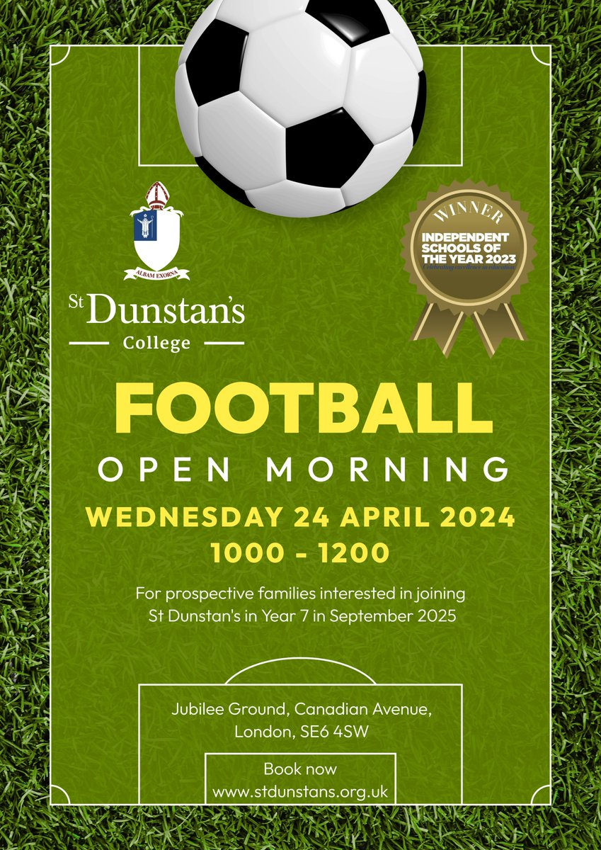 St Dunstan's College is delighted to be hosting another Football Open Morning on Wednesday 24 April, 1000 - 1200, for those interested joining Year 7 in September 2025. Book now: stdunstans.org.uk/admissions/vis… #Catford #Lewisham #FootballOpenMorning