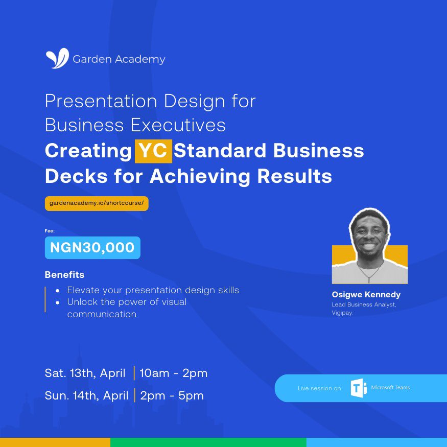 thegardenacad's tweet image. 5 DAYS TO GO!!!

The Presentation Design for Business Executives course kicks off in five days. Do not miss out on this chance to master design presentation.

Visit gardenacademy.io/presentation-d… now to register!

#deckdesign #designpresentation #design #gardenacademy #thegardenacad