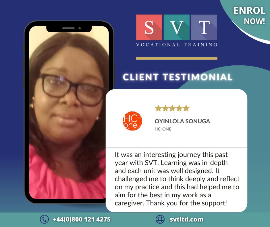 Let's give a huge round of applause to Oyinlola Sonuga from @HC_One for successfully completing her City & Guilds Level 3 NVQ Diploma in Adult Care with SVT! Congratulations, Oyinlola! ☺️

Call the SVT team for details on +44(0)800 121 4275 #svtltd #healthcare #online #education