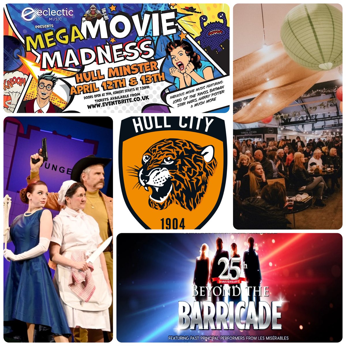 Top events this week! 🎻 Mega Movie Madness @HullMinster,12-13 April ⚽ @HullCity vs @Boro @MKM_Stadium,10 April 🔪 Cluedo 2 @NewTheatreHull,9-13 April 🎸 Trinity Live @TrinityMarket1,11 April 🎵 Beyond The Barricade @CityHallHull,11 April loom.ly/Bad9dfw #MustBeHull