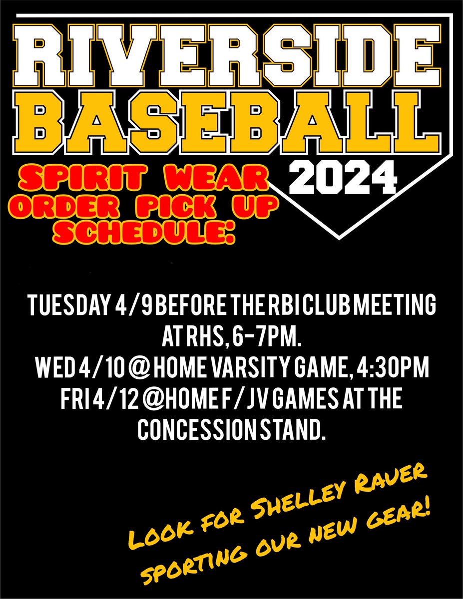 Due to the rescheduling of the Varsity game, the RBI Club Meeting has been moved to Thurs, April 11. Shelley will still be in the Riverside parking lot from 6-7pm on Tuesday if anyone wants to swing by and grab their order.