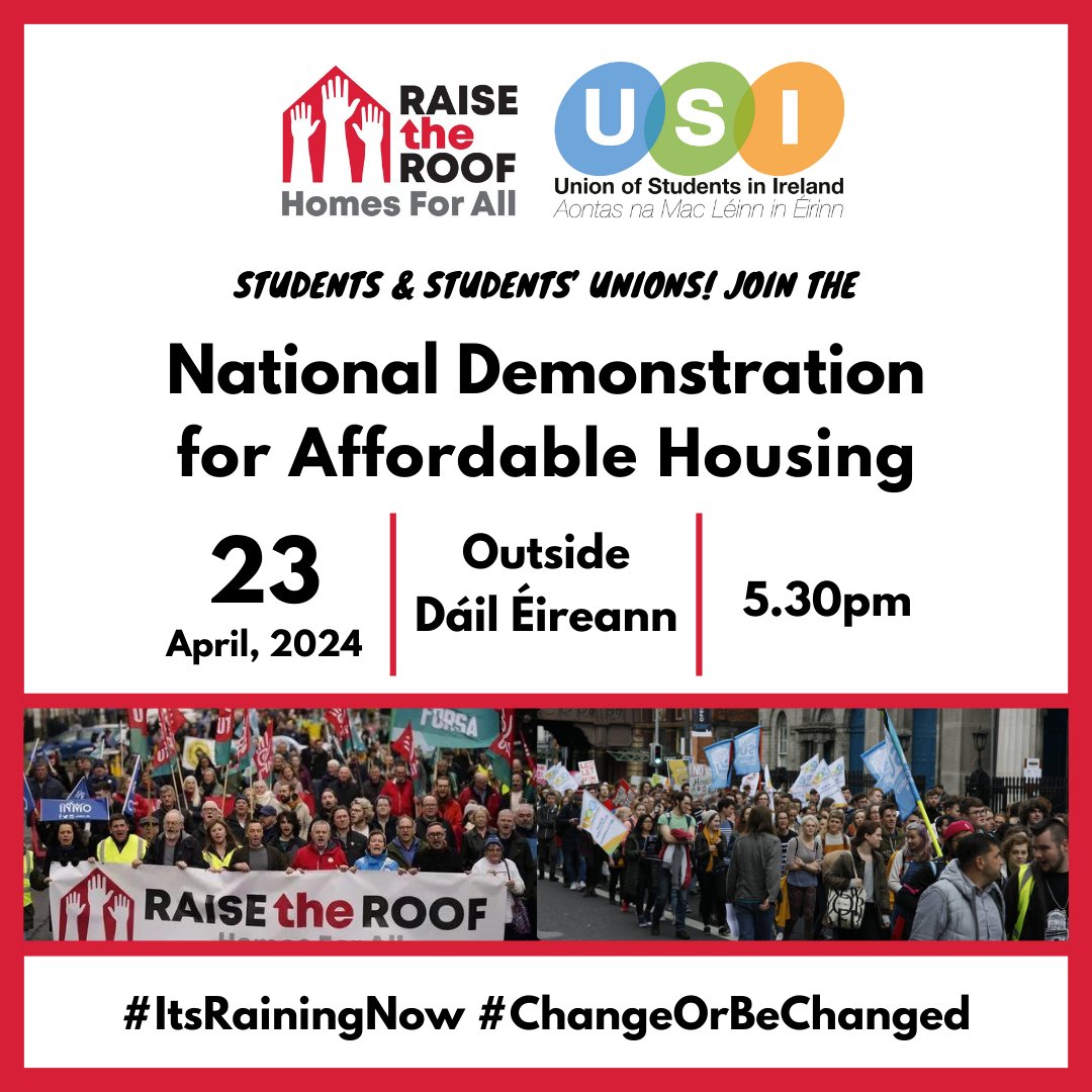 National Demonstration for Affordable Housing❗️ The most important issue for students & Irish society is the accommodation & housing crisis Join USI & many other groups to send a strong message to Government that 𝐔𝐑𝐆𝐄𝐍𝐓 action is needed 📆 5.30pm, April 23, Dáil Éireann