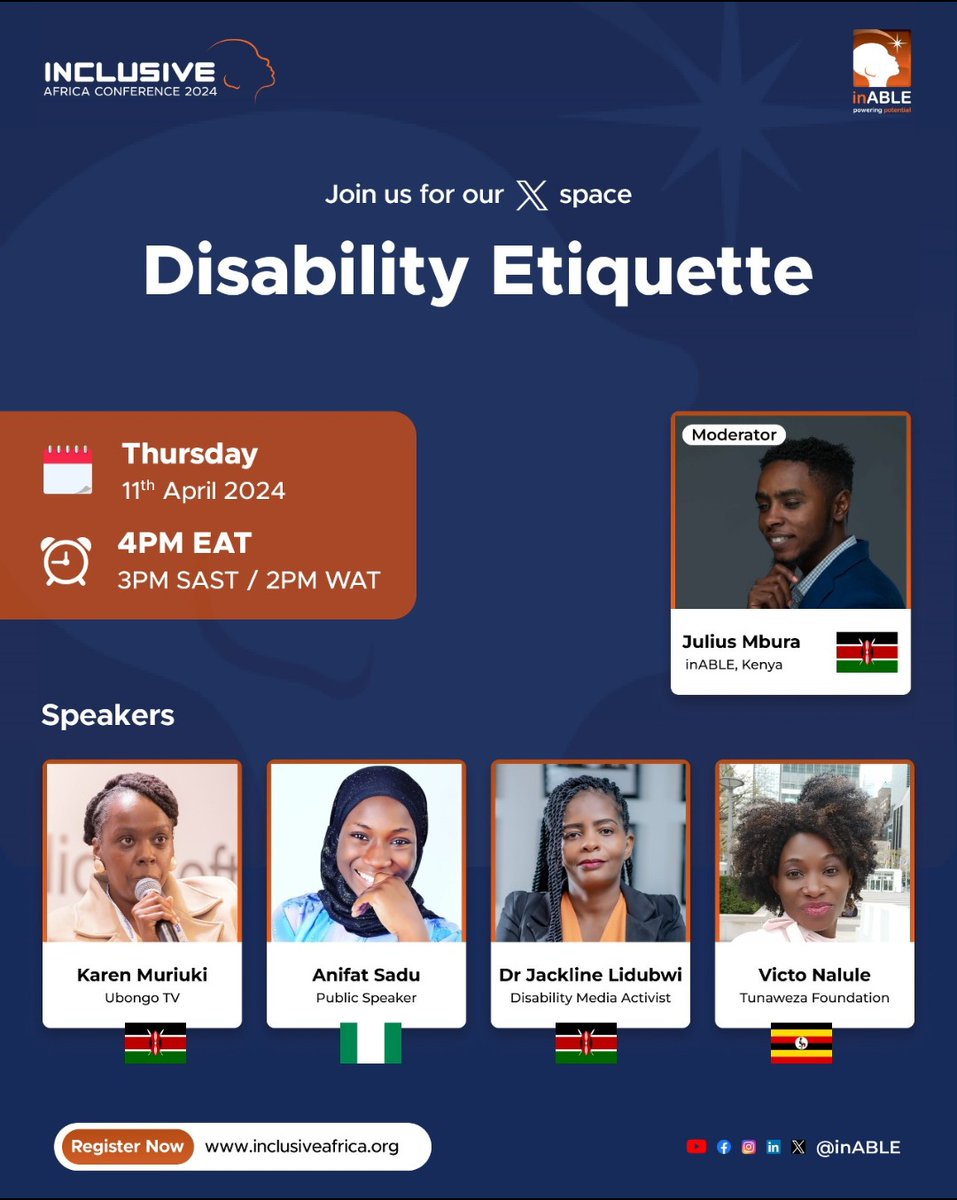 📣Excited to be a speaker at the @inABLEorg's Twitter Space this Thursday, 11th April 2024, discussing disability etiquette! Join me & other advocates as we explore respectful & inclusive communication. SET REMINDER: twitter.com/i/spaces/1LyxB… #InclusiveAfrica2024 @IreneKirika2