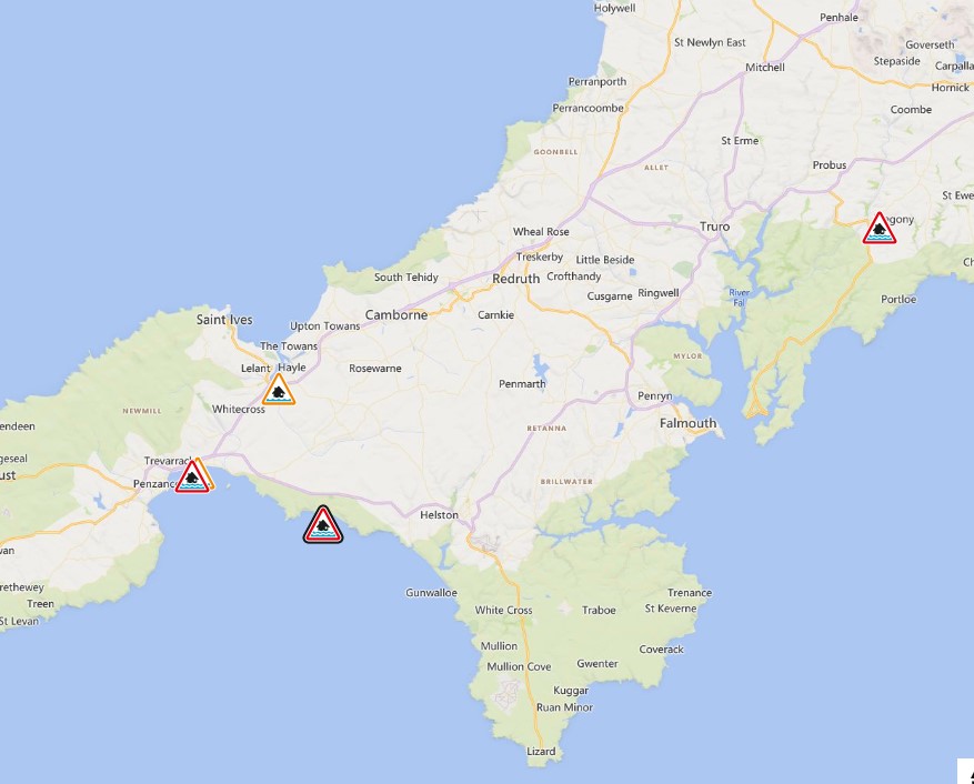 Three #floodWarnings issued for the #SouthCornwall coast. Take action now check-for-flooding.service.gov.uk/alerts-and-war…