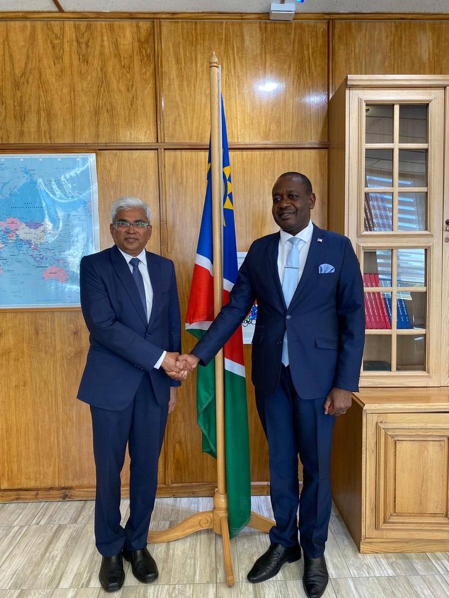 HC Mandarapu Subbarayudu called on Hon'ble Dr. Peya Mushelenga, Minister of International Relations & Cooperation @MIRCO_NAMIBIA. The focus was on growing 🇮🇳-🇳🇦 cooperation in a range of areas, and ways to further deepen ties as key partners in Global South. @IndianDiplomacy