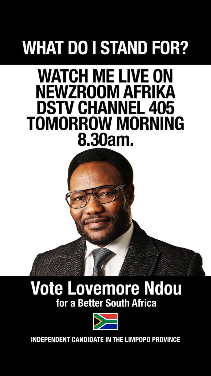 LovemoreNdou's tweet photo. I’ll be live on Newzroom Afrika tomorrow morning, 9 April 2024, at 8:30am talking about what I stand for and what I believe in.
#lovemorendouforabettersouthafrica #lovemorendou #indepentcandidate #SAelections24 #yourvotematters #lovemorendou #babsa https://t.co/w8TQdYeVDT