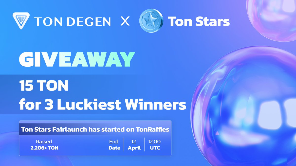 DegenonTON's tweet photo. GIVEAWAY EVENT: TON Degen 🤝 @TonStars_

🚀 Ton Stars Fairlaunch has started on @TonRaffles

✅ Purchase link: https://t.co/HqmJLaUhbR
✅ Fairlaunch dates: from April 5th, 12:00 UTC to April 12th, 12:00 UTC

🎁 15 TON sponsored by @TonStars_

How to become winners 👇
1️⃣ Follow @DegenonTON & @TonStars_
2️⃣ Like, retweet and tag 3 friends
3️⃣ Comment your #TON wallet 👇
4️⃣ Join TON Degen telegram: https://t.co/NYjJmKXwvH

Enjoy now and take $TON from @TonStars_

#TONdegen #Giveaway