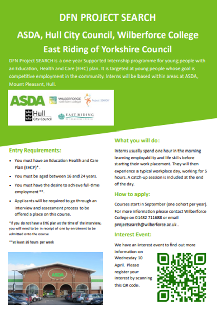 Check out this exciting opportunity for our 16 to 24 year old! If anyone is interested in more information the please contact Wilberforce College on 01482 711688 or email projectsearch@wilberforce.ac.uk #buildresiliencenotreliance @HumberEdTrust