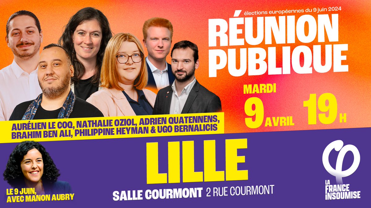 🟣C'est demain !

📍Salle Courmont à #Lille à 19h

Venez à la rencontre des supers candidat-es départementaux de la liste de l' #UnionPopulaire menée par @ManonAubryFr 

Et en bonus, 3 député-es de @FiAssemblee 

#Europeennnes2024